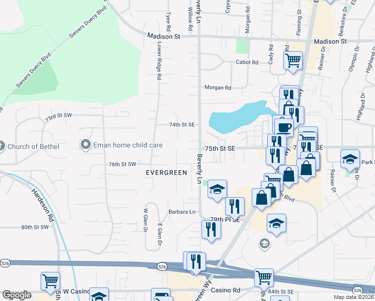 map of restaurants, bars, coffee shops, grocery stores, and more near 211 76th Street Southeast in Everett