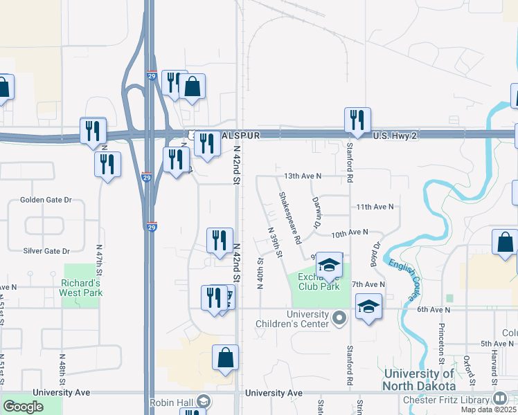 map of restaurants, bars, coffee shops, grocery stores, and more near 1111 North 39th Street in Grand Forks