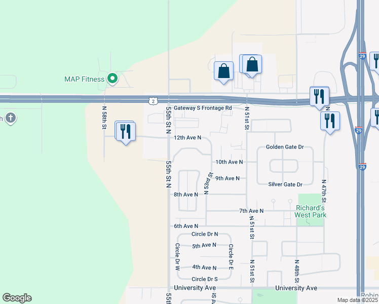 map of restaurants, bars, coffee shops, grocery stores, and more near 1100 North 55th Street in Grand Forks