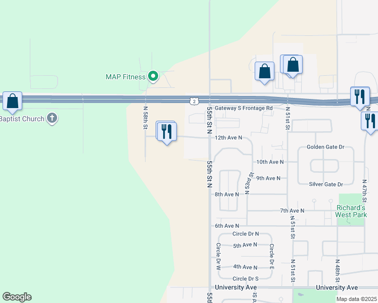map of restaurants, bars, coffee shops, grocery stores, and more near 5566 10th Avenue North in Grand Forks