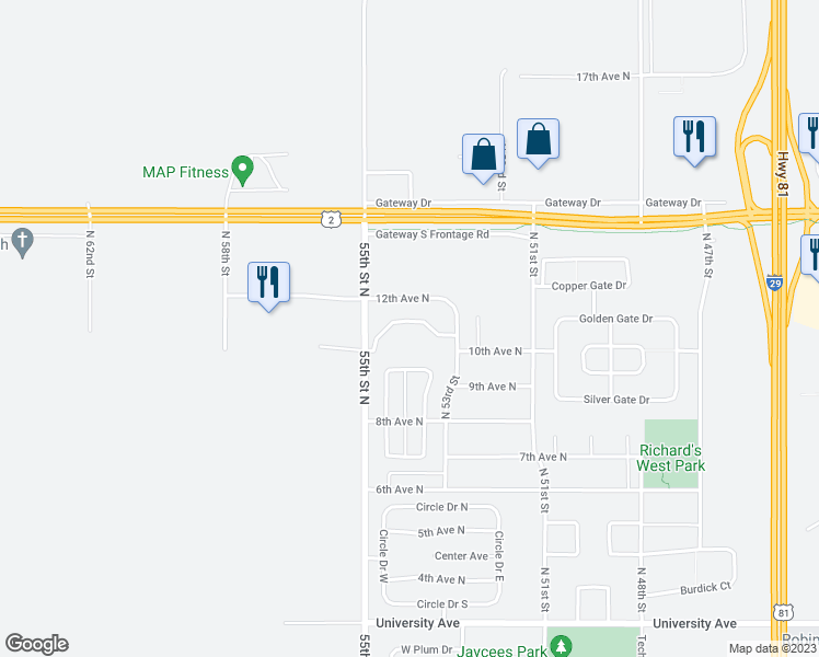 map of restaurants, bars, coffee shops, grocery stores, and more near 1100 55th Street North in Grand Forks