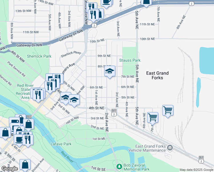 map of restaurants, bars, coffee shops, grocery stores, and more near 610 2nd Avenue Northeast in East Grand Forks