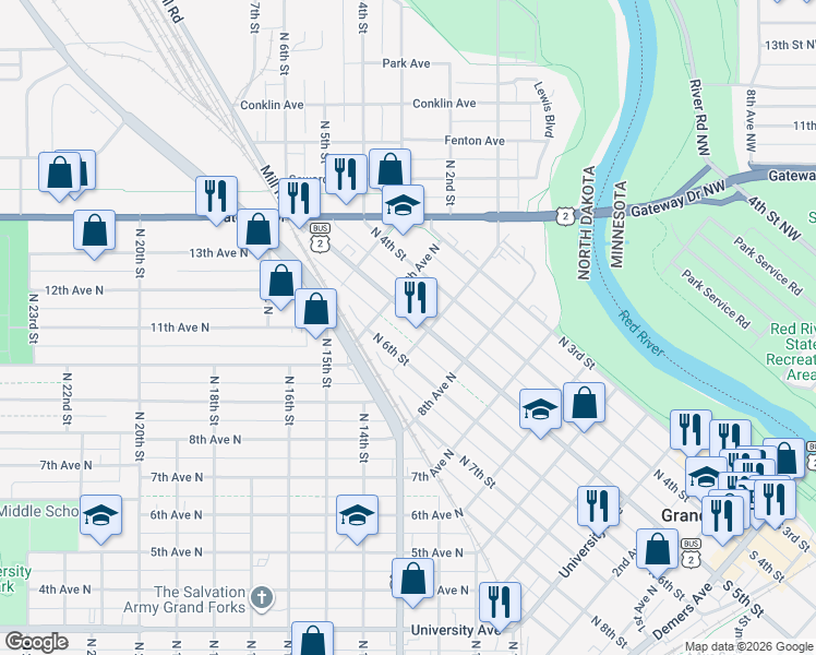 map of restaurants, bars, coffee shops, grocery stores, and more near 911 North 5th Street in Grand Forks