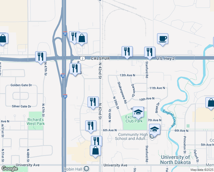 map of restaurants, bars, coffee shops, grocery stores, and more near 764-1198 North 42nd Street in Grand Forks