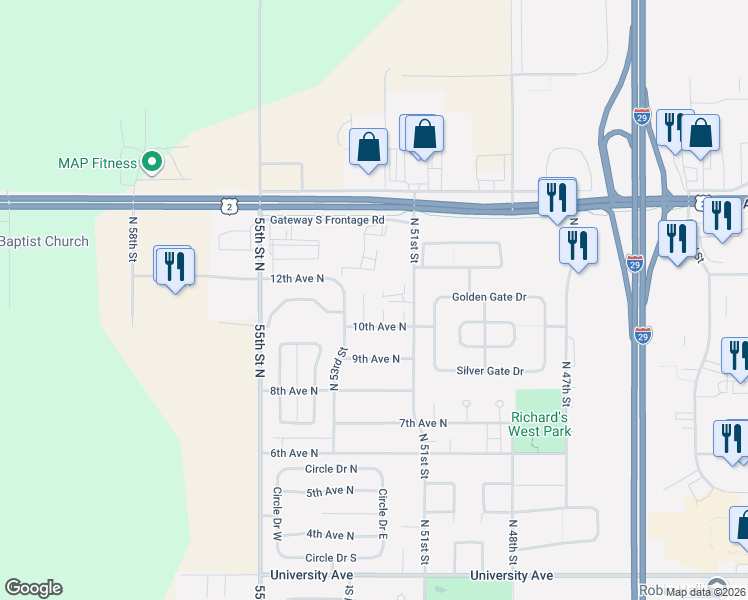 map of restaurants, bars, coffee shops, grocery stores, and more near 5242-5298 10th Avenue North in Grand Forks