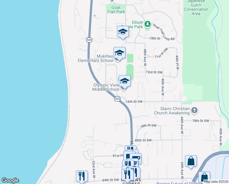 map of restaurants, bars, coffee shops, grocery stores, and more near 7607 Mukilteo Speedway in Mukilteo