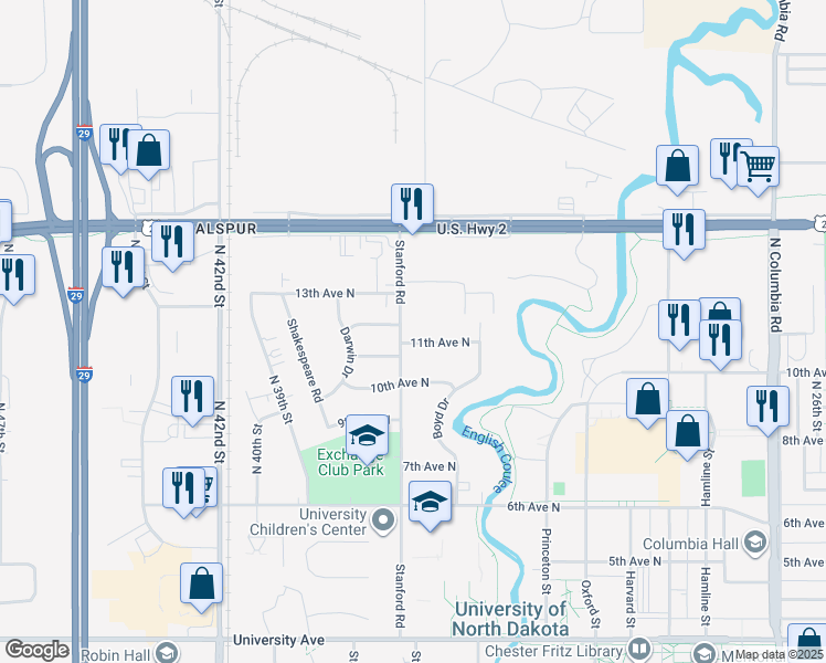 map of restaurants, bars, coffee shops, grocery stores, and more near 3577 13th Avenue North in Grand Forks