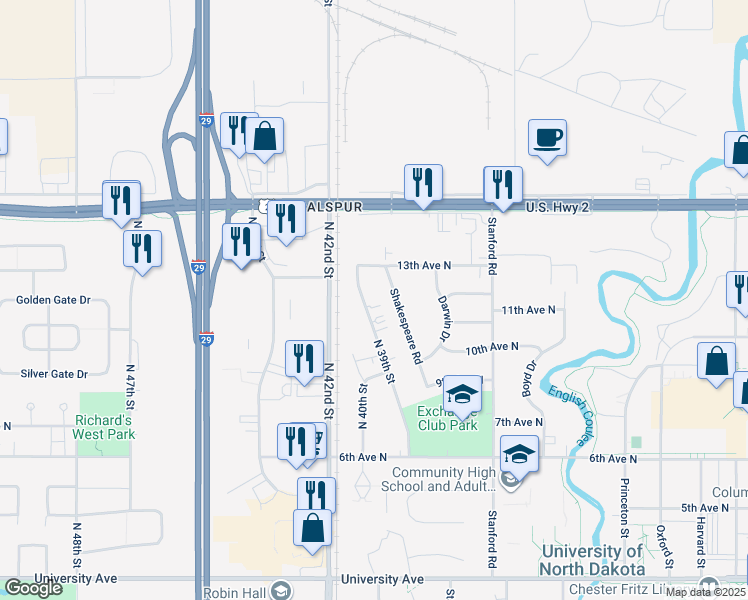 map of restaurants, bars, coffee shops, grocery stores, and more near 1223 Shakespeare Road in Grand Forks