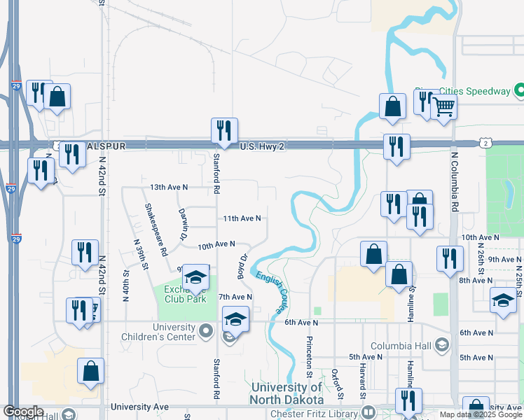 map of restaurants, bars, coffee shops, grocery stores, and more near 3504 11th Avenue North in Grand Forks