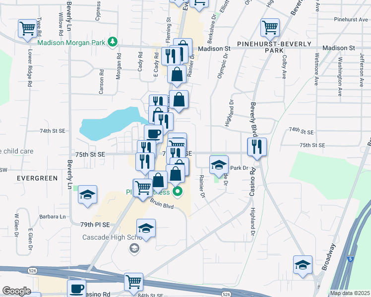 map of restaurants, bars, coffee shops, grocery stores, and more near 1031 75th Street Southeast in Everett