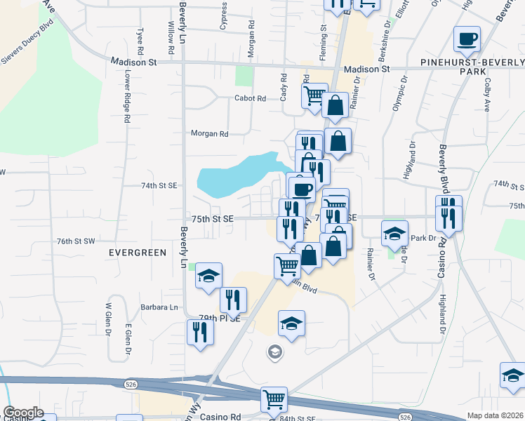 map of restaurants, bars, coffee shops, grocery stores, and more near 713 75th Street Southeast in Everett