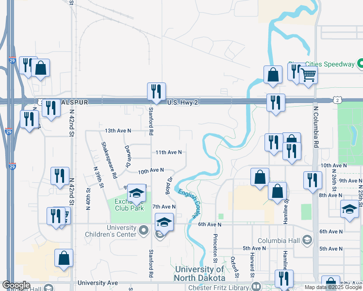 map of restaurants, bars, coffee shops, grocery stores, and more near 3531 13th Avenue North in Grand Forks