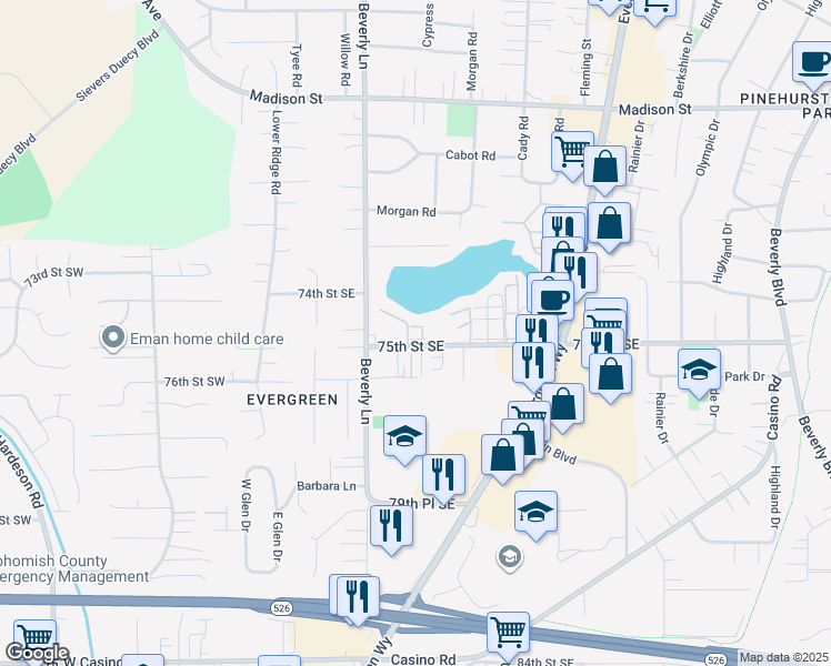 map of restaurants, bars, coffee shops, grocery stores, and more near 423 75th Street Southeast in Everett