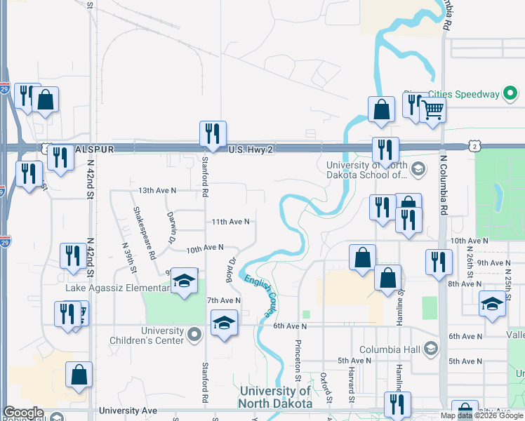 map of restaurants, bars, coffee shops, grocery stores, and more near 3371 Longbow Court in Grand Forks