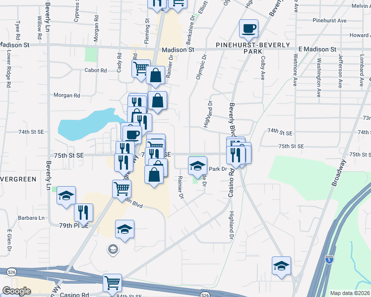 map of restaurants, bars, coffee shops, grocery stores, and more near 7408 Olympic Drive in Everett