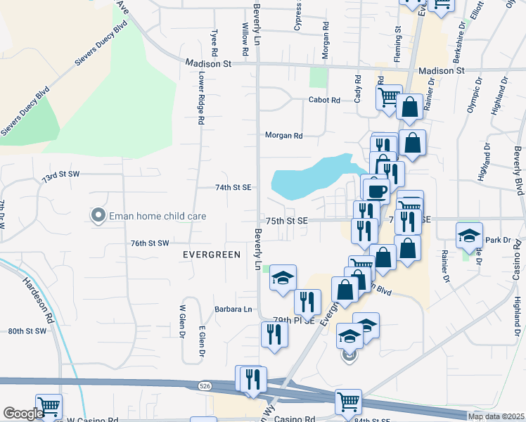 map of restaurants, bars, coffee shops, grocery stores, and more near 323 75th Street Southeast in Everett