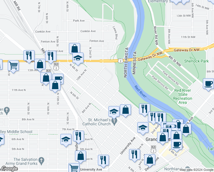 map of restaurants, bars, coffee shops, grocery stores, and more near 729 North 3rd Street in Grand Forks