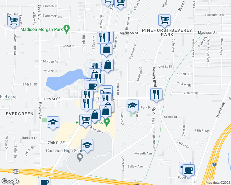 map of restaurants, bars, coffee shops, grocery stores, and more near 7404 Rainier Drive in Everett