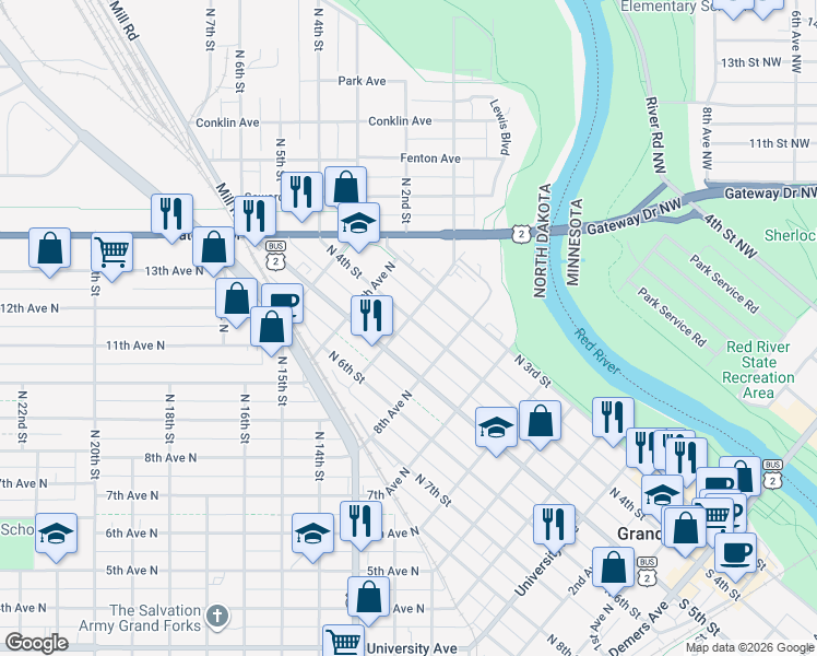 map of restaurants, bars, coffee shops, grocery stores, and more near 831 North 4th Street in Grand Forks