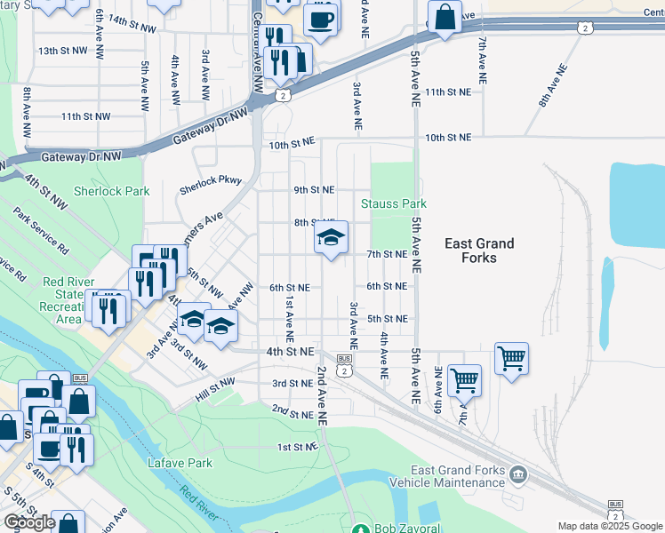 map of restaurants, bars, coffee shops, grocery stores, and more near 610 2nd Avenue Northeast in East Grand Forks