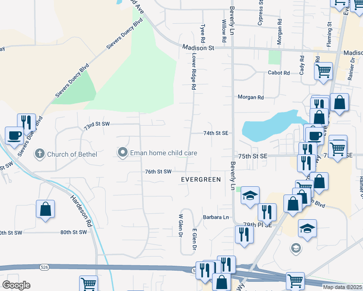map of restaurants, bars, coffee shops, grocery stores, and more near 7412 Lower Ridge Road in Everett