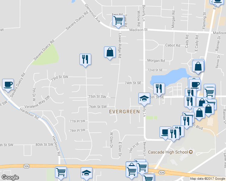 map of restaurants, bars, coffee shops, grocery stores, and more near 2 74th Street Southwest in Everett