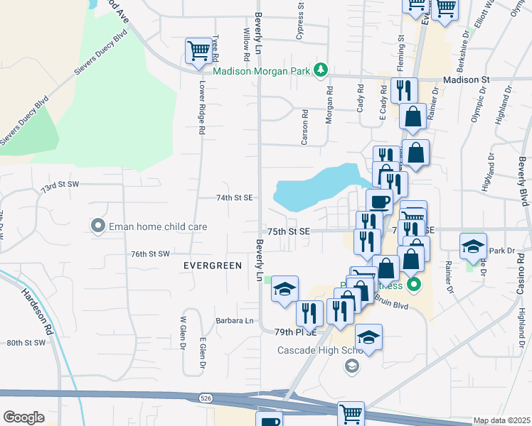 map of restaurants, bars, coffee shops, grocery stores, and more near 323 75th Street Southeast in Everett