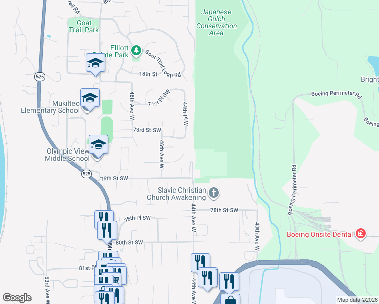 map of restaurants, bars, coffee shops, grocery stores, and more near 4408 75th Street Southwest in Mukilteo