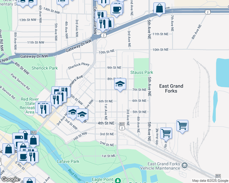 map of restaurants, bars, coffee shops, grocery stores, and more near 627 2nd Avenue Northeast in East Grand Forks