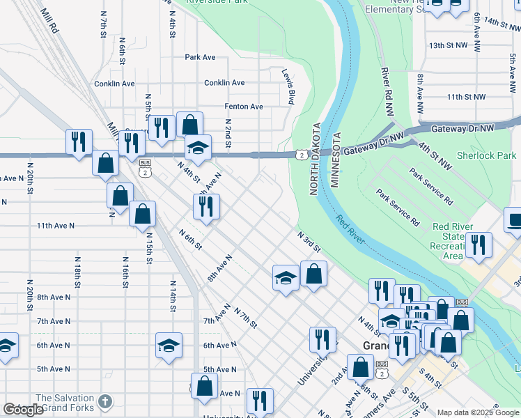 map of restaurants, bars, coffee shops, grocery stores, and more near 805 North 3rd Street in Grand Forks