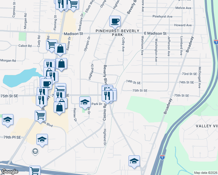 map of restaurants, bars, coffee shops, grocery stores, and more near 7403 Beverly Boulevard in Everett