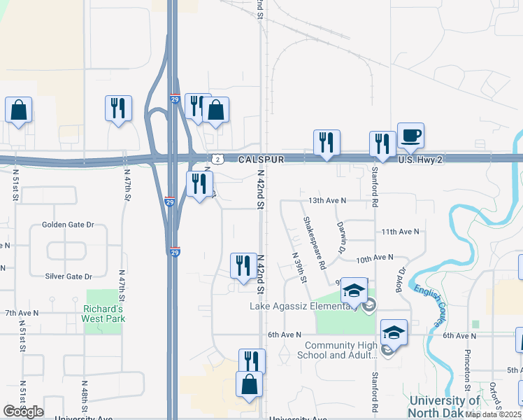 map of restaurants, bars, coffee shops, grocery stores, and more near 1198 North 42nd Street in Grand Forks