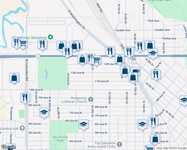 map of restaurants, bars, coffee shops, grocery stores, and more near 1923 12th Avenue North in Grand Forks