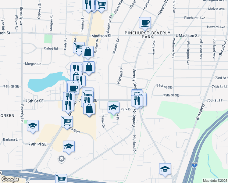 map of restaurants, bars, coffee shops, grocery stores, and more near 7404 Cascade Drive in Everett