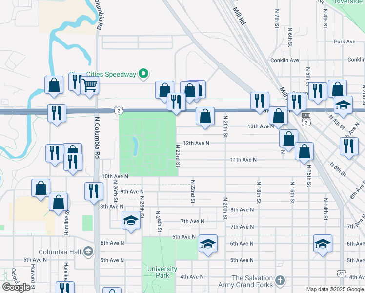 map of restaurants, bars, coffee shops, grocery stores, and more near 2215 12th Avenue North in Grand Forks