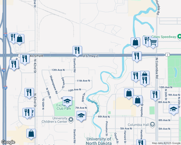 map of restaurants, bars, coffee shops, grocery stores, and more near 3531 13th Avenue North in Grand Forks