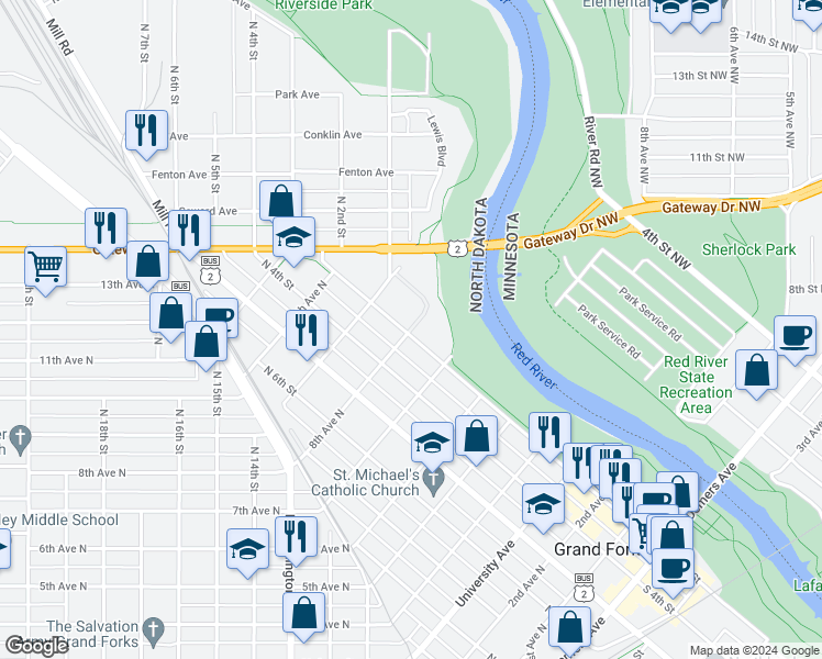 map of restaurants, bars, coffee shops, grocery stores, and more near 800 North 3rd Street in Grand Forks