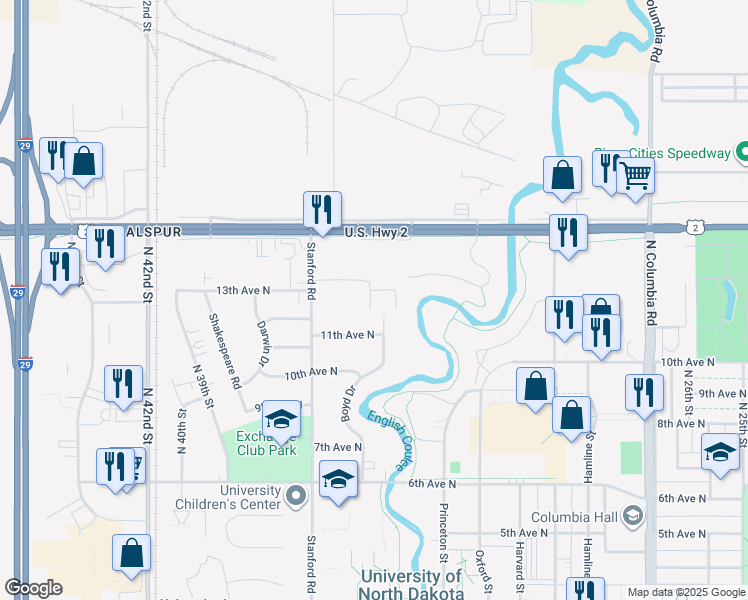 map of restaurants, bars, coffee shops, grocery stores, and more near 3531 13th Avenue North in Grand Forks
