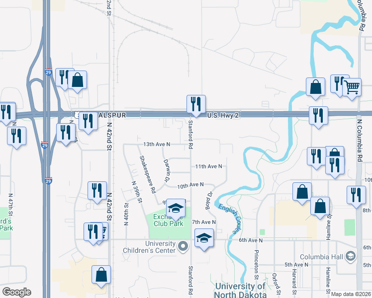map of restaurants, bars, coffee shops, grocery stores, and more near 1225 Stanford Road in Grand Forks