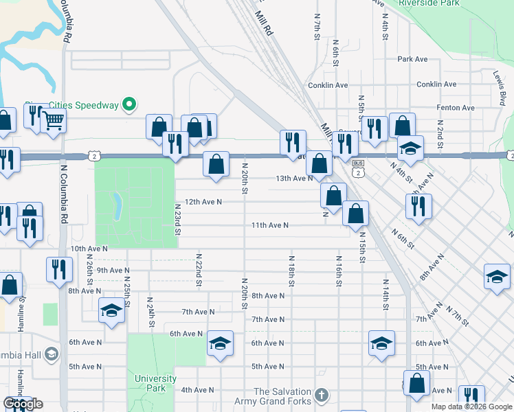 map of restaurants, bars, coffee shops, grocery stores, and more near 1911 12th Avenue North in Grand Forks