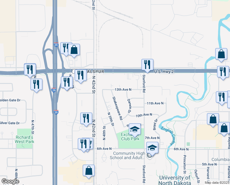 map of restaurants, bars, coffee shops, grocery stores, and more near 1218 Shakespeare Road in Grand Forks