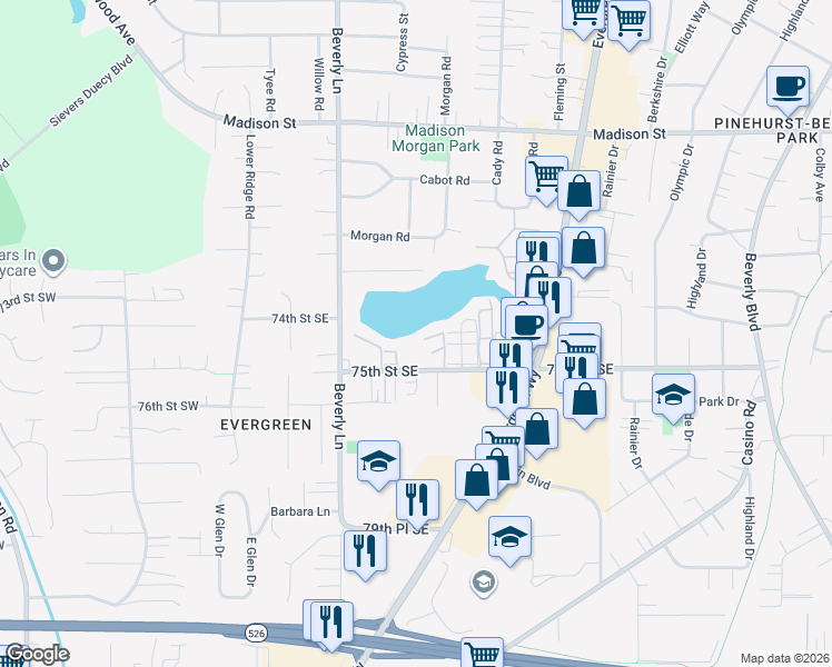 map of restaurants, bars, coffee shops, grocery stores, and more near 423 75th Street Southeast in Everett