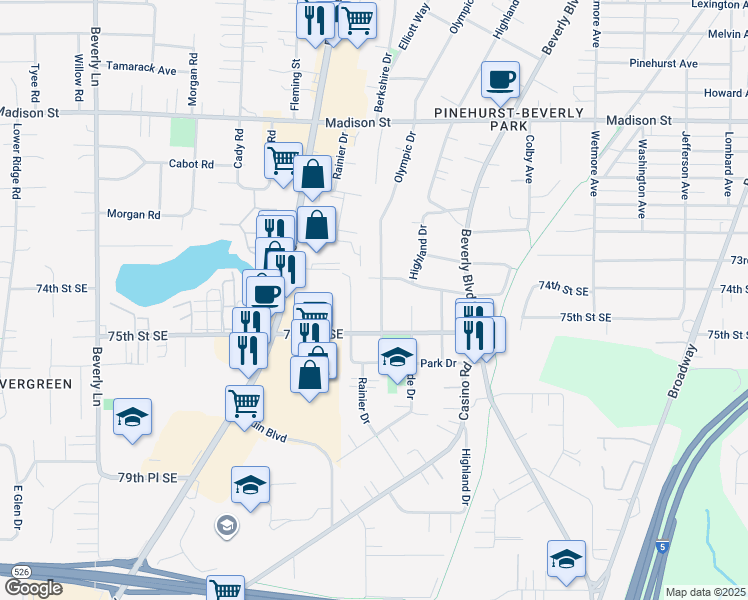 map of restaurants, bars, coffee shops, grocery stores, and more near 7357 Rainier Drive in Everett