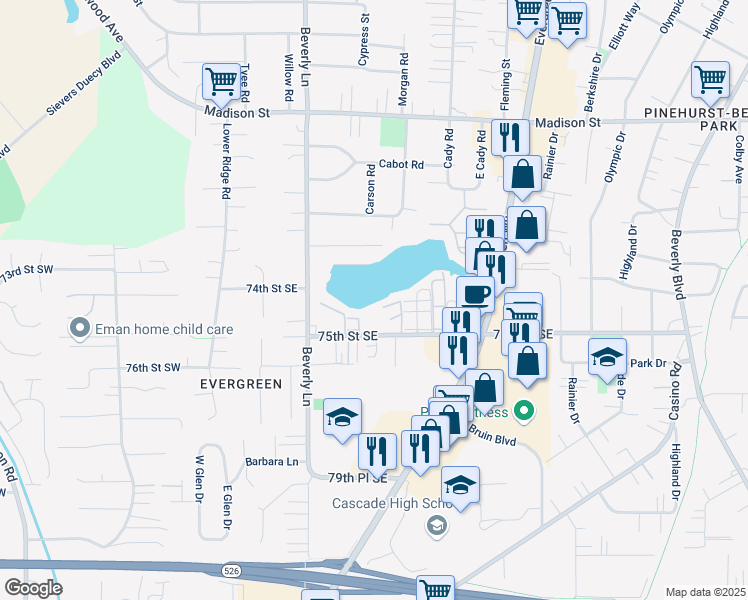 map of restaurants, bars, coffee shops, grocery stores, and more near 507 75th Street Southeast in Everett