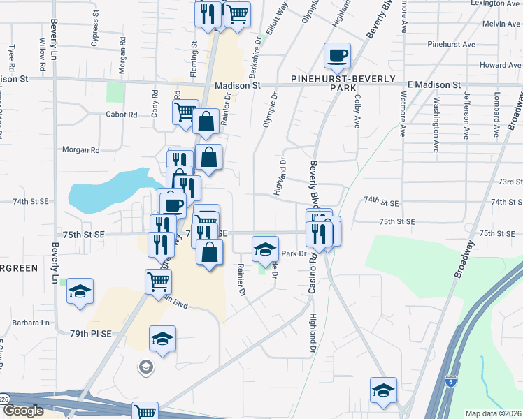 map of restaurants, bars, coffee shops, grocery stores, and more near 7404 Cascade Drive in Everett