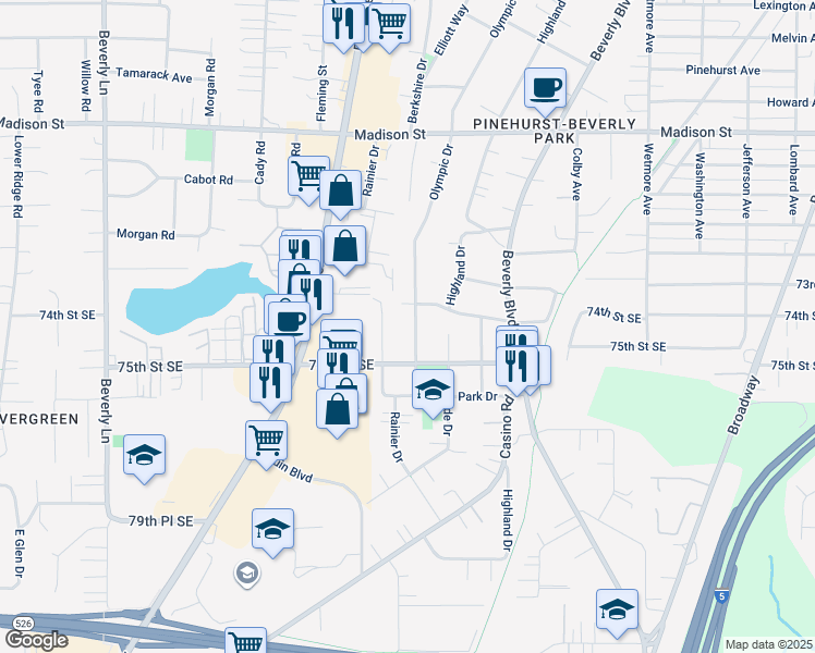 map of restaurants, bars, coffee shops, grocery stores, and more near 7357 Rainier Drive in Everett