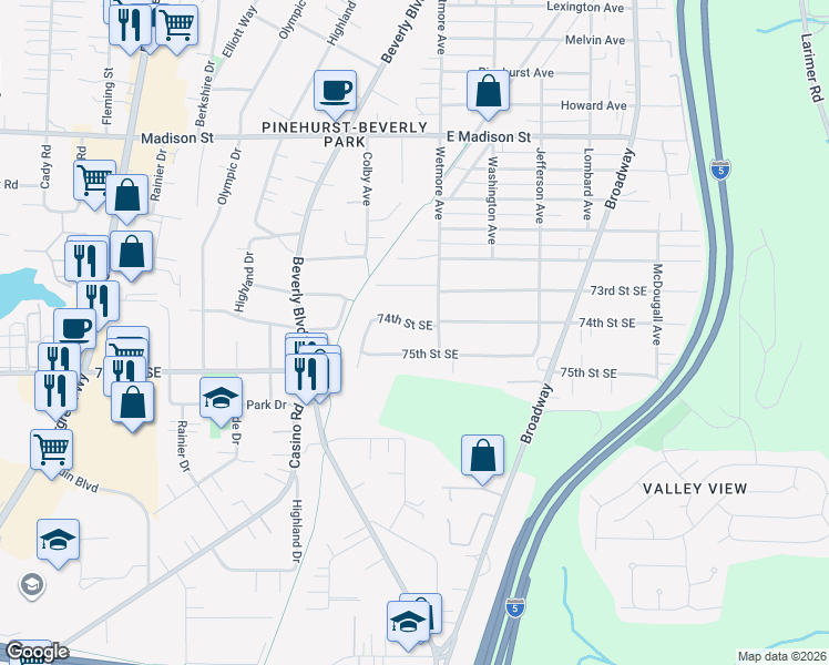 map of restaurants, bars, coffee shops, grocery stores, and more near 1812 74th Street Southeast in Everett