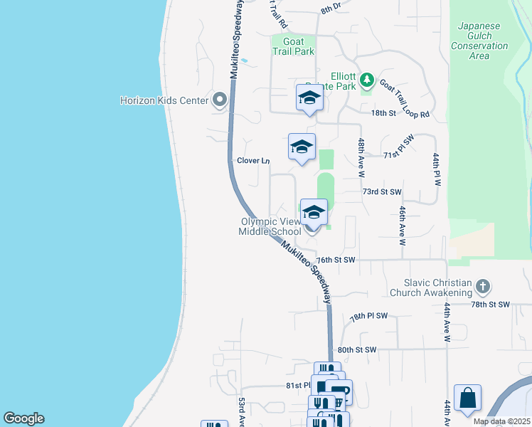 map of restaurants, bars, coffee shops, grocery stores, and more near 2351 Washington Avenue in Mukilteo