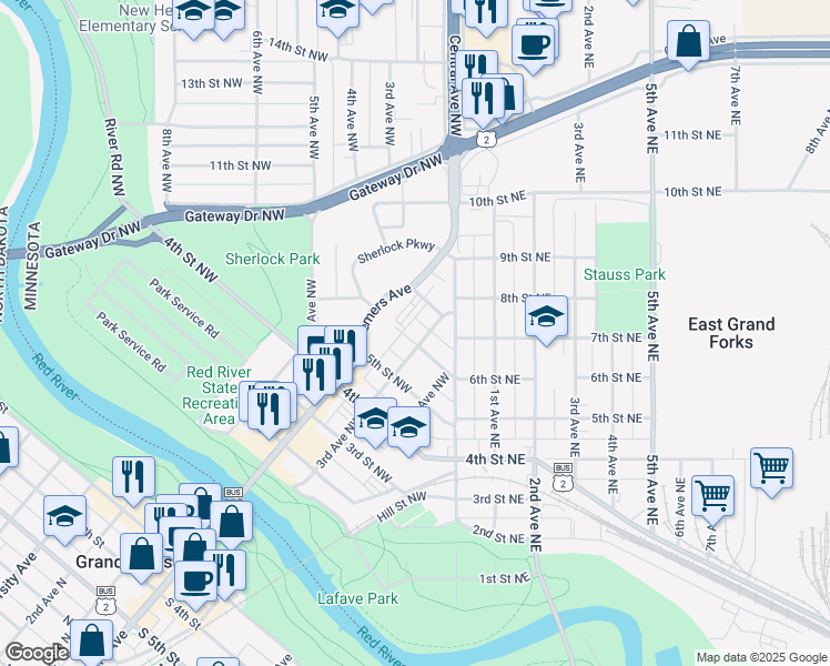 map of restaurants, bars, coffee shops, grocery stores, and more near 306 6th Street Northwest in East Grand Forks