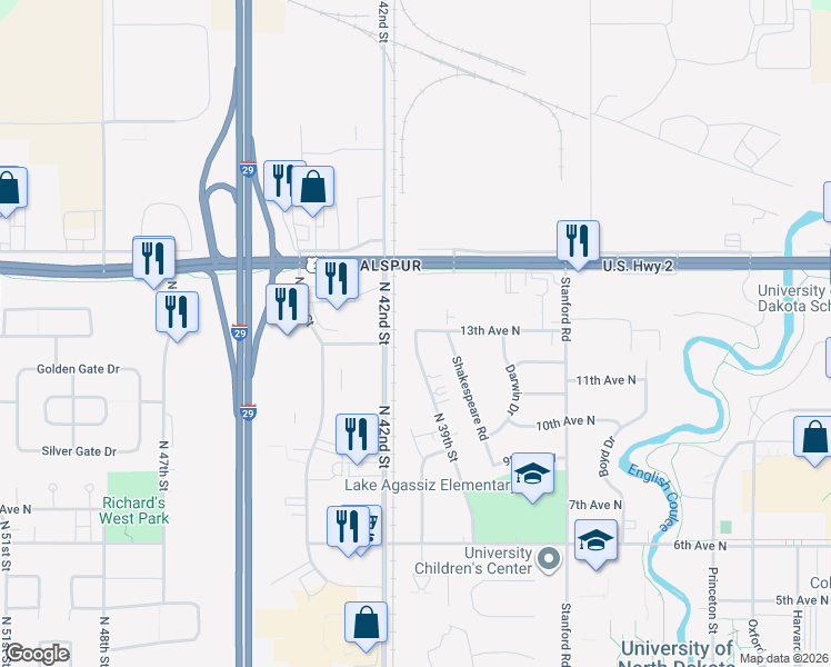 map of restaurants, bars, coffee shops, grocery stores, and more near 1299 North 39th Street in Grand Forks